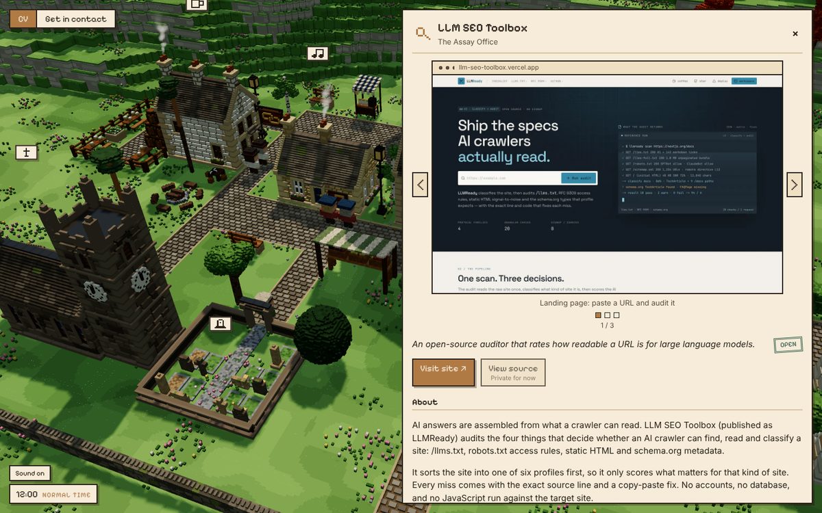 The Assay Office panel open over the town, showing a screenshot of the LLM SEO Toolbox with links to visit it