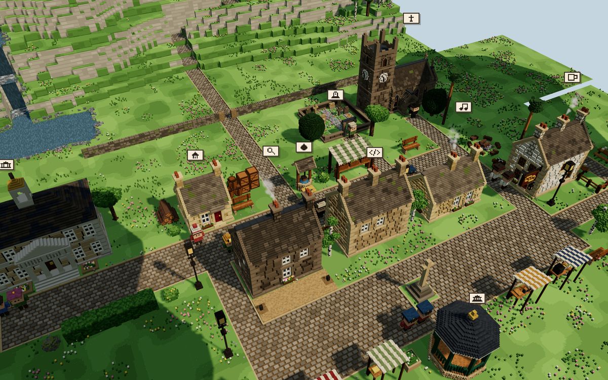 The voxel town in morning light: stone houses along a cobbled high street, market stalls and a bandstand, with the church, terraced hills and a river behind