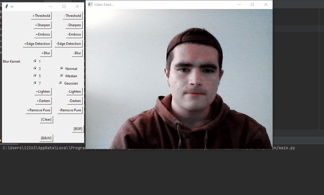 A webcam frame with several OpenCV filters applied at once